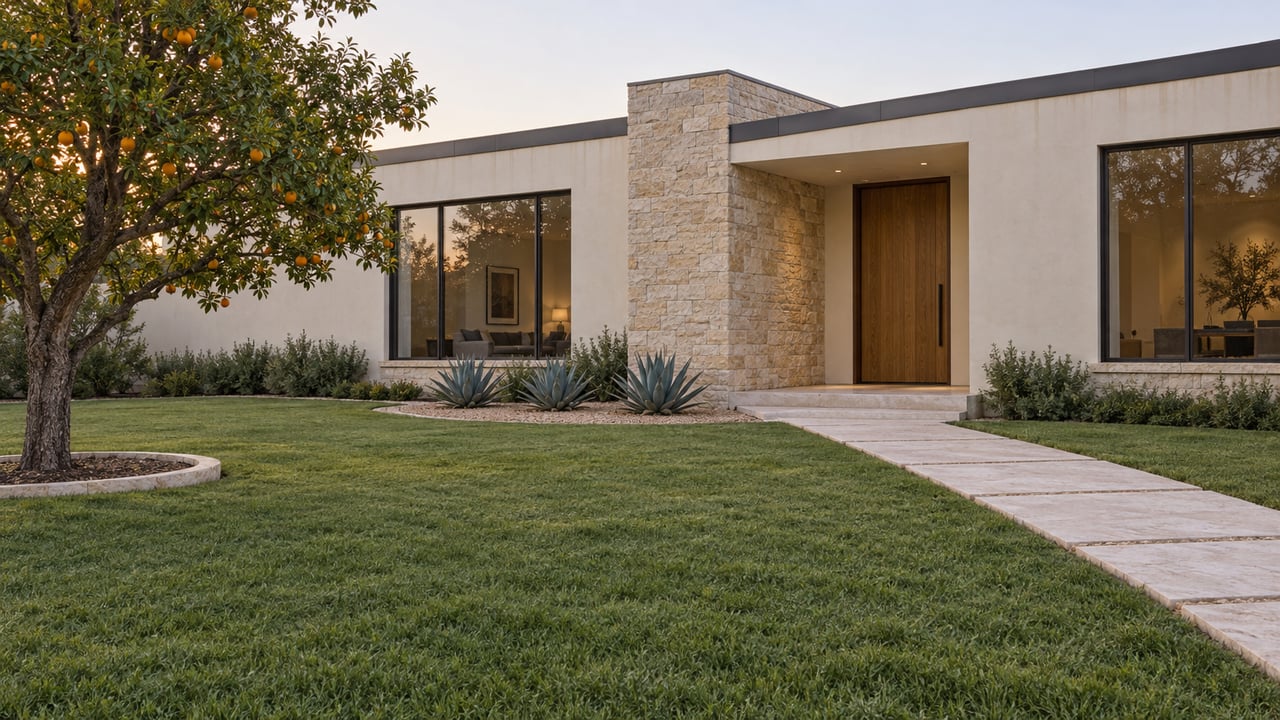 Low ivory-stucco home with limestone walls, bronze-framed windows and a recessed oak entry across a deep lawn beneath a mature orange tree at dawn.