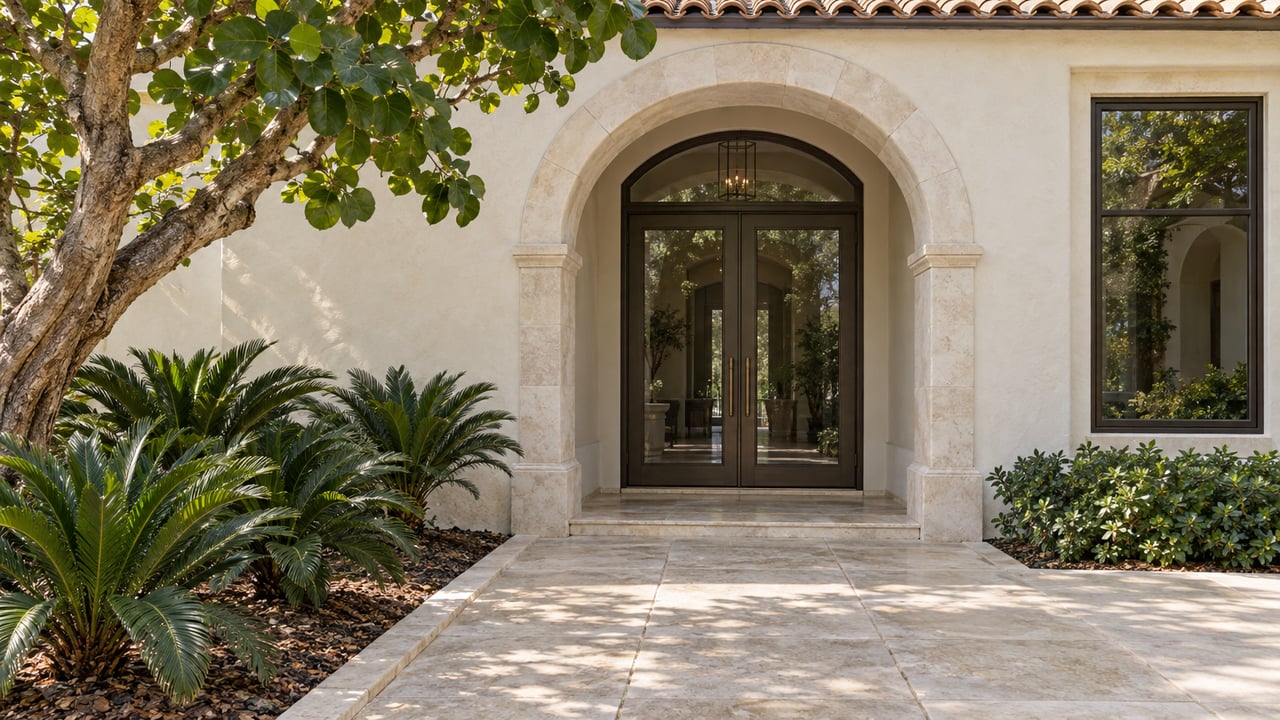 Sunlit limestone arch and bronze double doors at a stucco home, beside a sculptural sea grape tree and coontie planting.