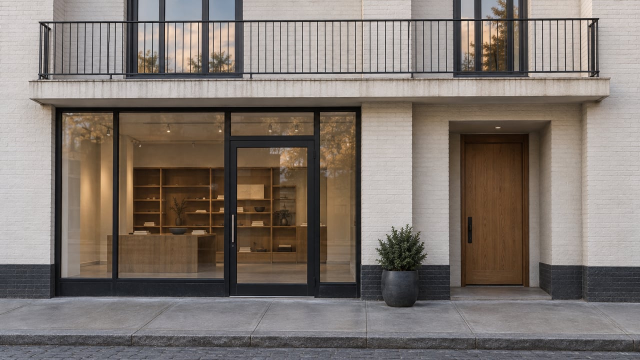 Off-white mixed-use building with a black-railed balcony, storefront glazing, recessed oak entry, and potted holly.