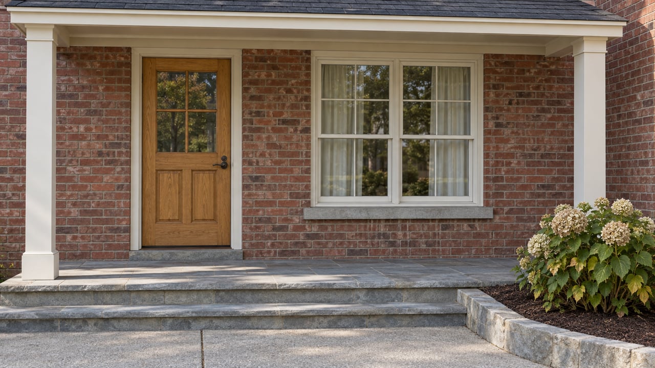 Sunlit brick home entry with an oak door, broad window, sandstone steps and one hydrangea beside the approach.