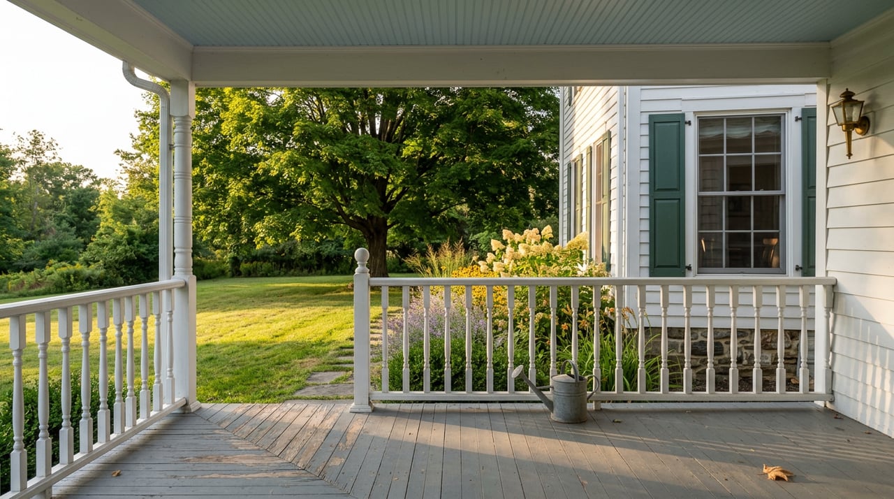 Farmhouse porch railing frames a mown yard, flowering border, and mature maple tree.