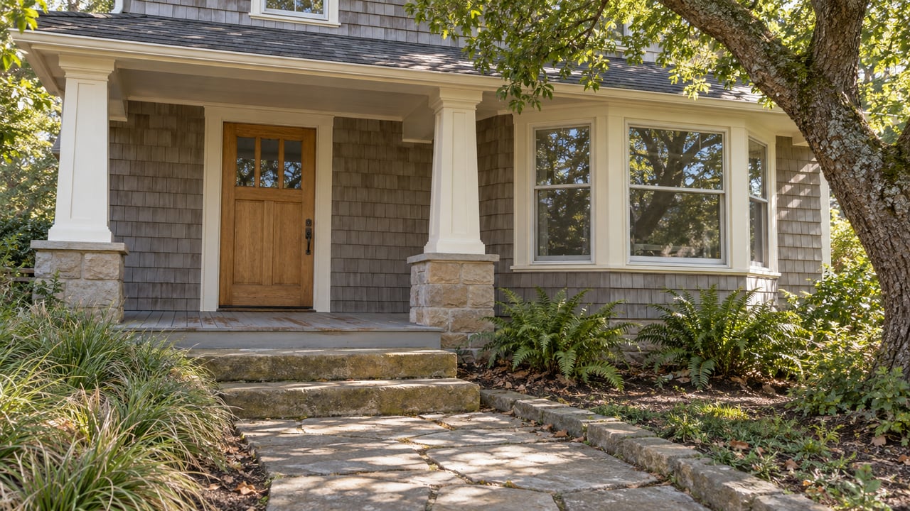 A shingled home's raised porch with cream columns, an oak door and a bay window above a sandstone garden path.