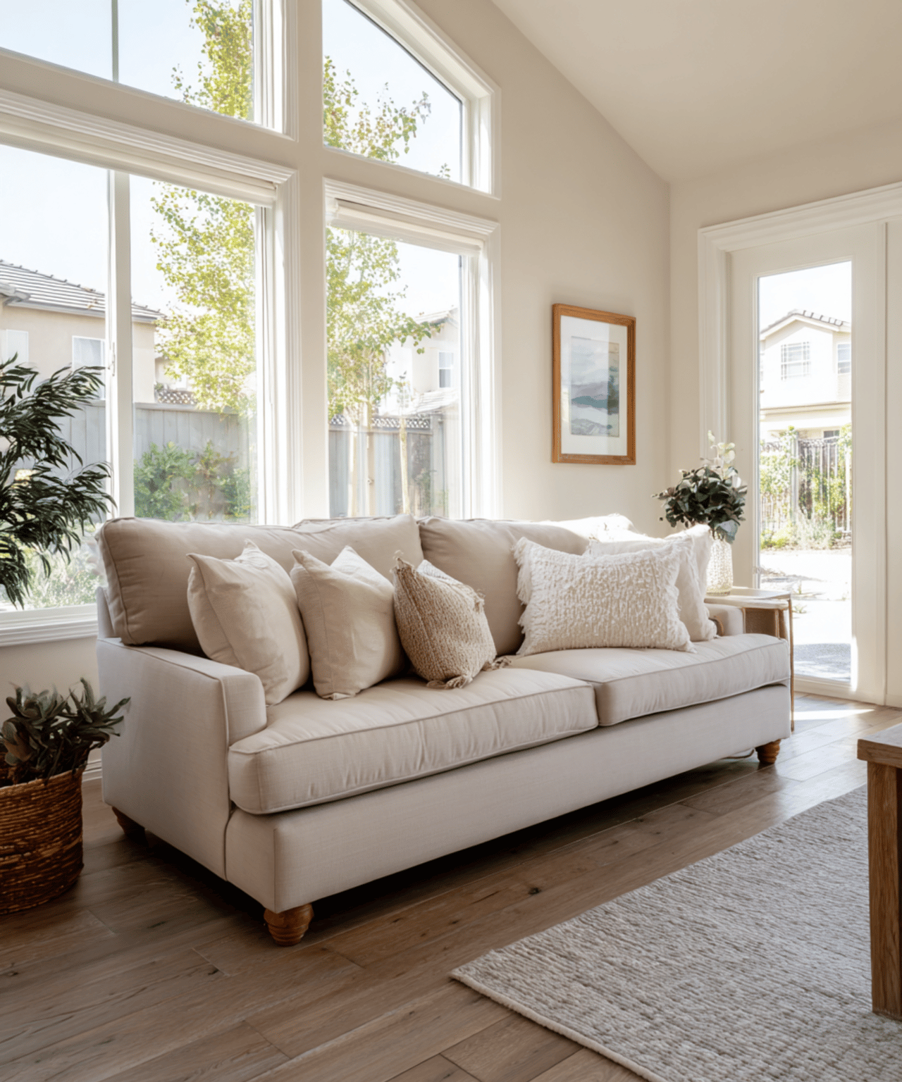 Bright living room with a cream sofa beneath tall windows and a door to the yard.