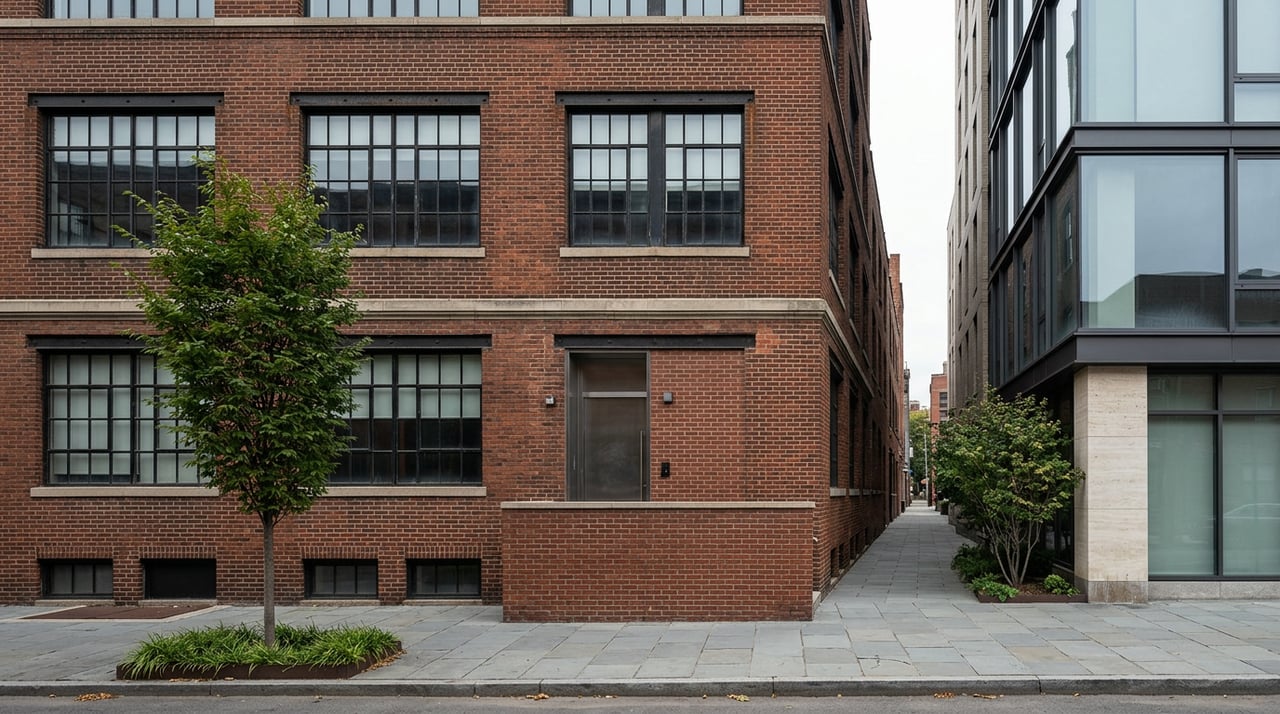 Dark red-brick loft facade with black multi-pane windows beside a receding glass tower along a bluestone sidewalk.