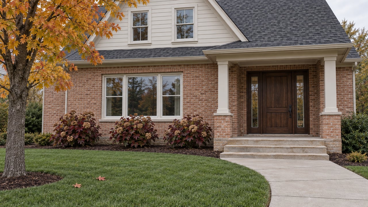 Brick and ivory-sided home with a covered walnut-door entry, limestone steps, autumn oakleaf hydrangeas and a broad lawn.
