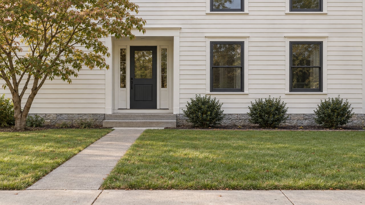 Updated off-white clapboard house with a recessed charcoal door, two dark-framed windows, and a diagonal concrete walk across the lawn.