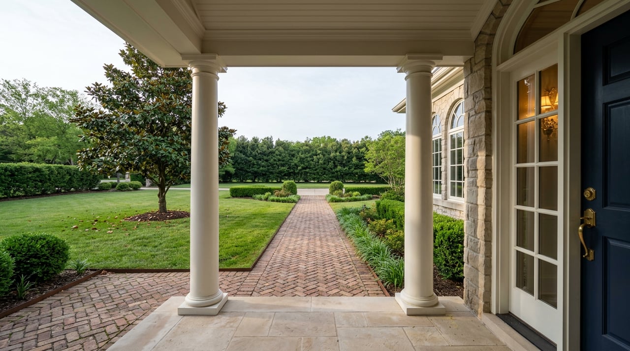 White portico columns frame a herringbone brick walkway through a clipped lawn toward a tall hedge.