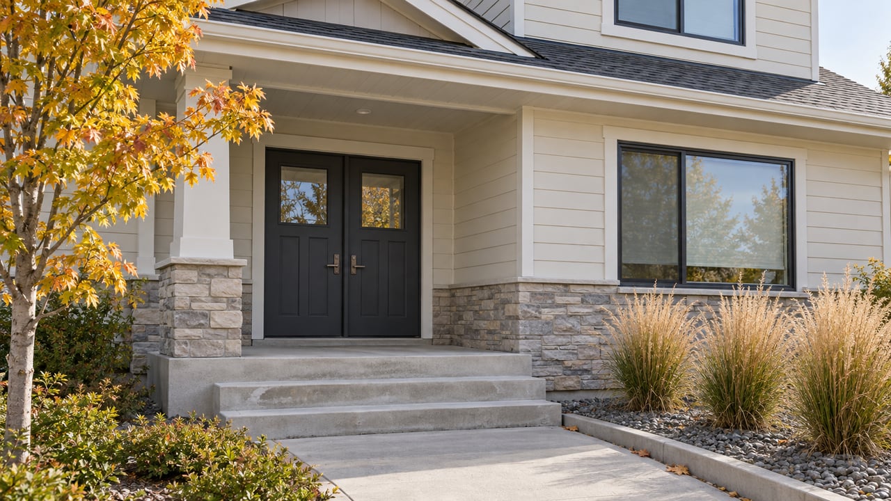 Ivory-sided house entry with paired charcoal doors, stone porch bases and autumn planting beside broad concrete steps.