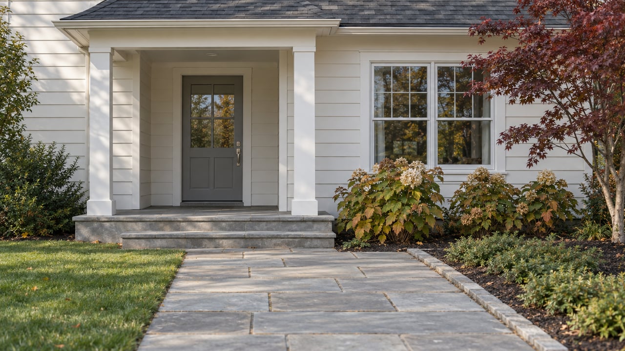White wood-sided home with a sheltered gray front door, sandstone approach, lawn and bronze autumn planting.