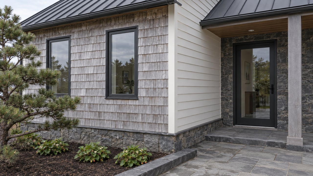 Coastal house corner with weathered cedar shingles, two windows, a recessed glass door, and a shore pine.