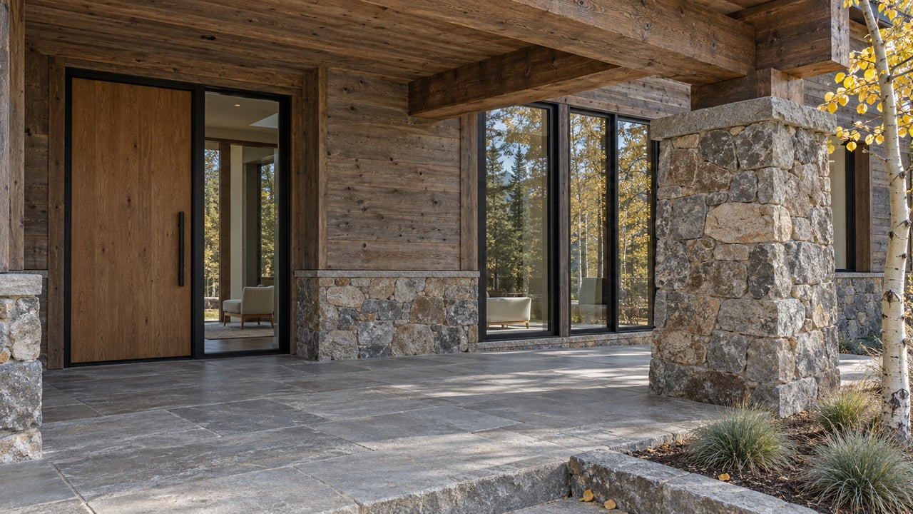 Covered timber entry with a closed oak door, tall black-framed windows, gray-tan stone pier, and quartzite terrace beside golden aspen leaves.