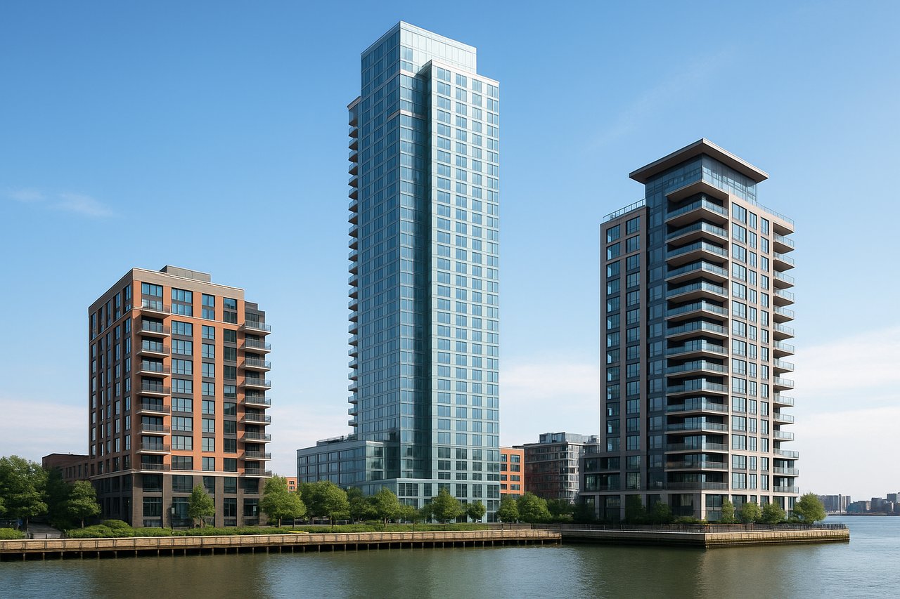 Three modern waterfront condo towers in Hudson County, NJ, under a clear blue sky with reflections on the calm river.