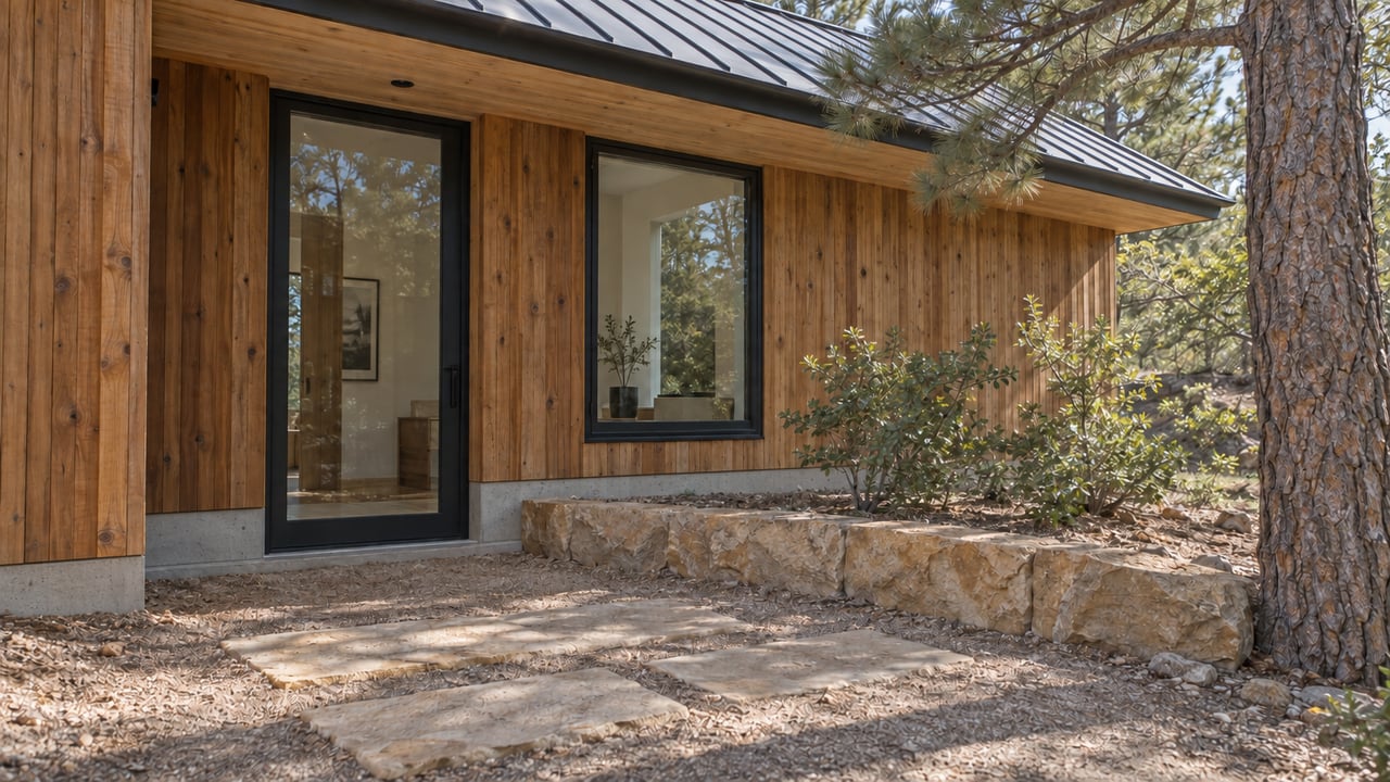 Cedar-clad entry with black-framed glass door, pavers, planting bed, and exposed concrete foundation.