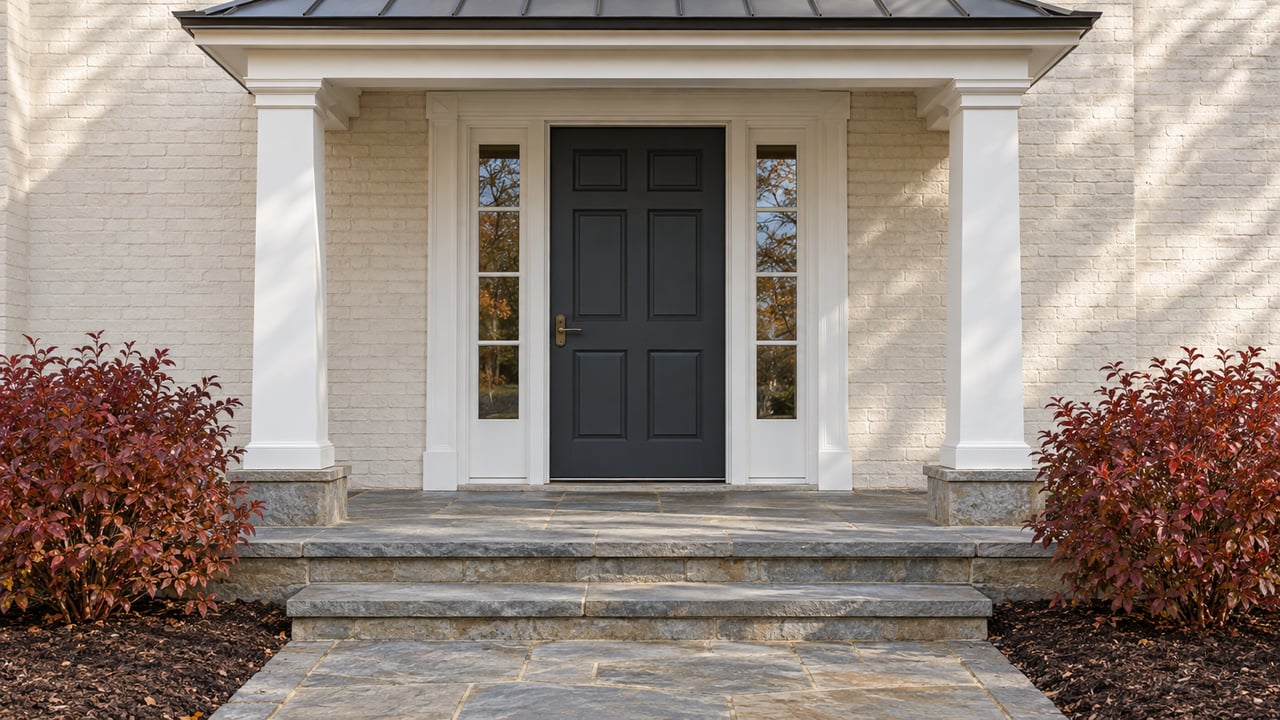 Close view of a painted-brick home's formal entrance with paired sidelights, white porch columns, bluestone steps and burgundy autumn shrubs.