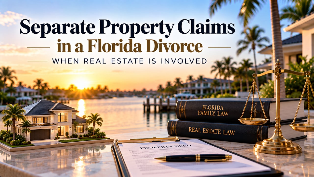 Florida waterfront home with a property deed, family law documents, and scales of justice, illustrating separate property claims involving real estate, commingling, transmutation, and equitable distribution in a Florida divorce.