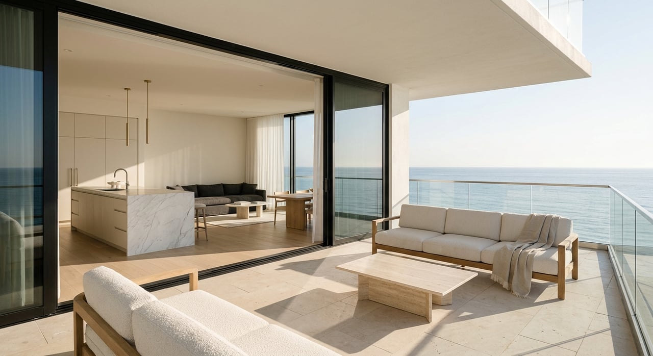 High-rise oceanfront terrace with teak seating, two planters, glass railing, and an open slider to a marble kitchen.