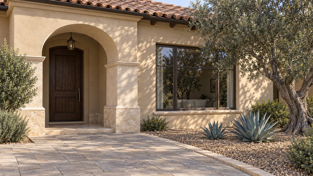 Morning sunlight on a sand-stucco home with an arched oak entry, terracotta roof tiles, olive tree and agaves beside a broad paved approach.