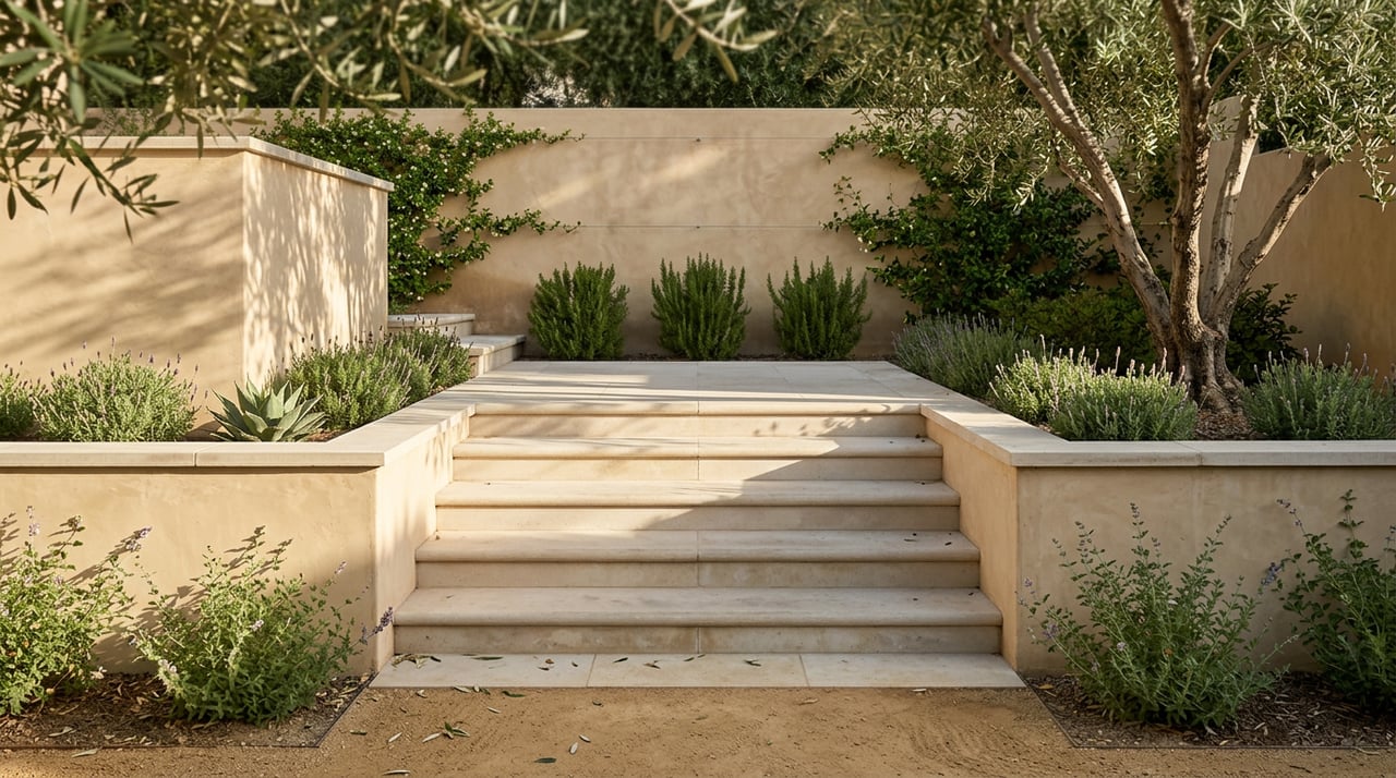 Five limestone steps rise between stucco walls toward an olive-shaded garden terrace.