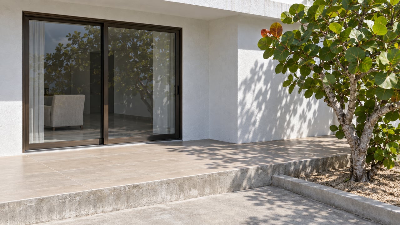 White stucco home with closed bronze-framed sliding doors, a pale tiled entry terrace, concrete step and a sea-grape tree.