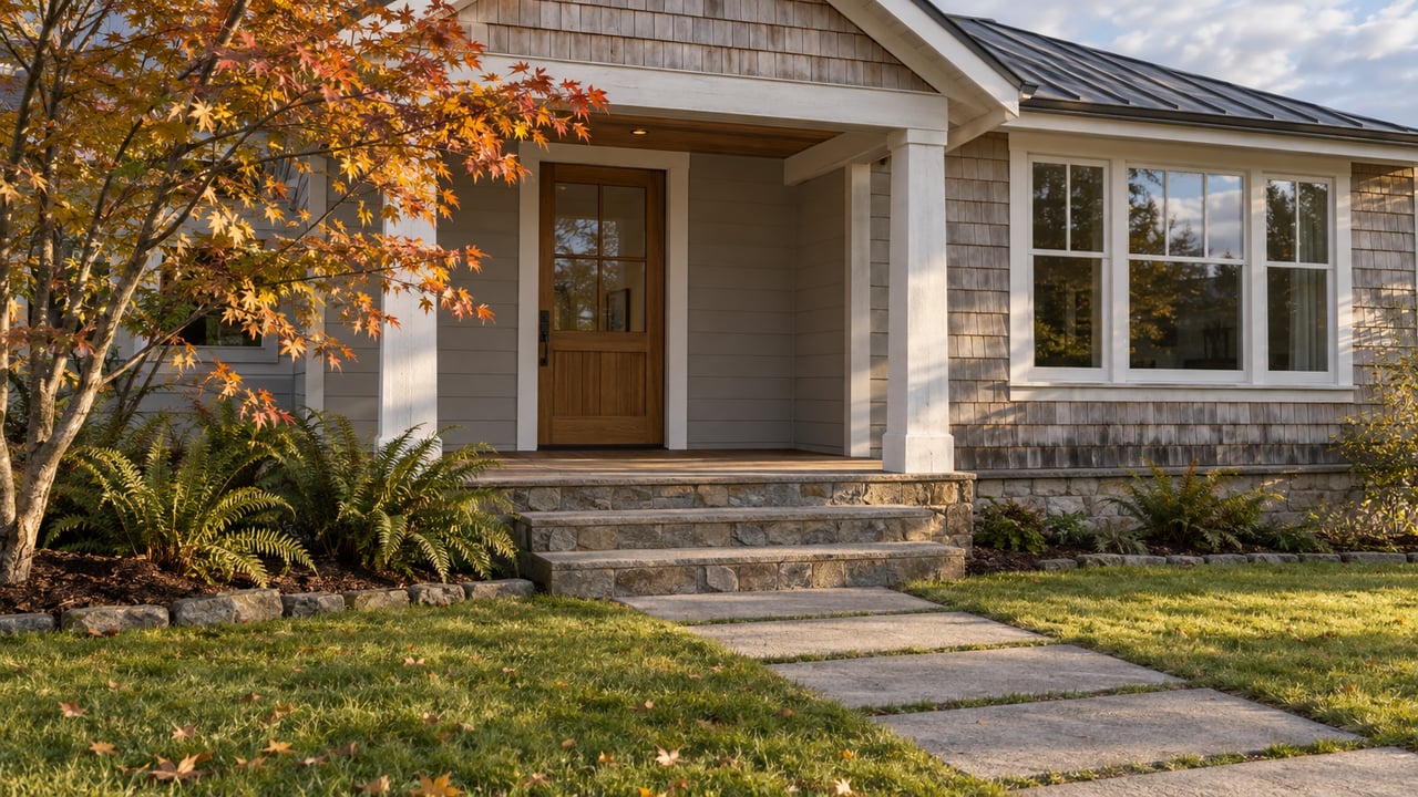Weathered cedar cottage with a covered entry, stone steps, autumn vine maple and a generous front lawn in late-afternoon light.
