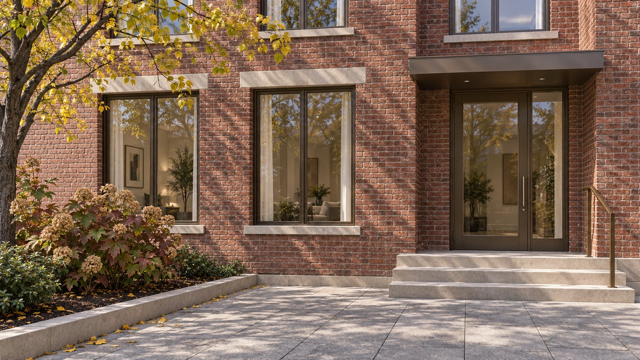 Red-brick condominium entrance with bronze-framed windows, limestone steps, and autumn redbud planting beside a granite forecourt.