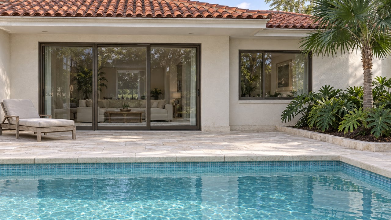 Pale stucco home with terracotta roof, bronze-framed glass doors and a limestone terrace beside a turquoise courtyard pool.