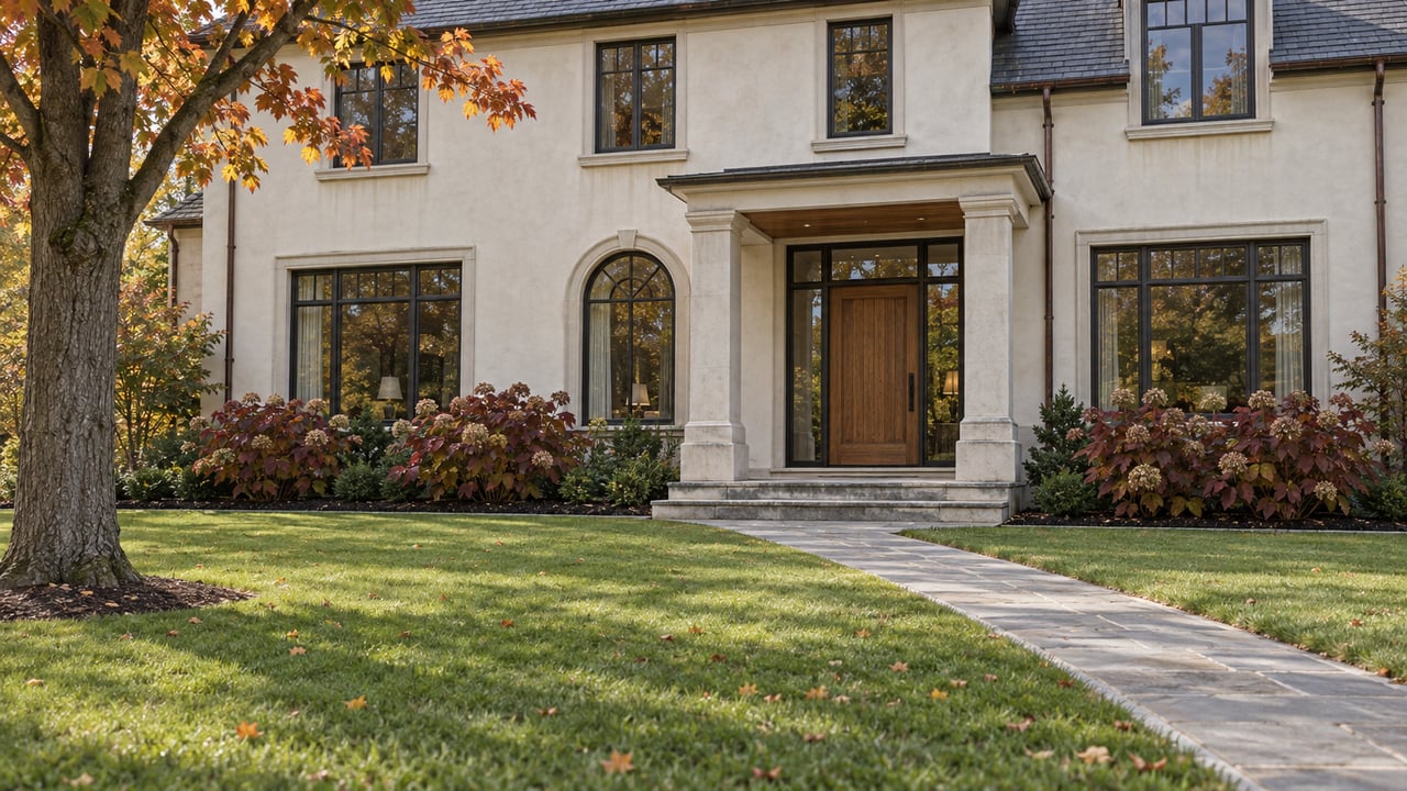Ivory two-story home with a slate roof, limestone entrance and bluestone walk across a deep autumn lawn.