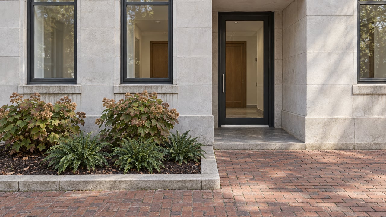 A pale stone residential entry with charcoal-framed glass, a brick courtyard, and a raised bed of oakleaf hydrangeas and Christmas ferns.