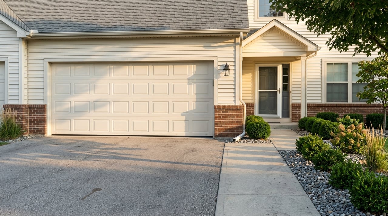 Suburban home with a two-car garage, recessed entry, cream siding, brick base, and driveway.