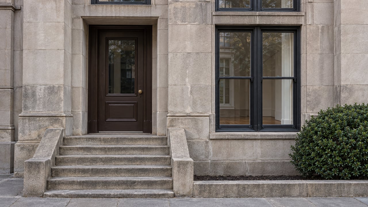 Weathered limestone townhouse entrance with a dark wood door, tall sash window and worn stone steps.