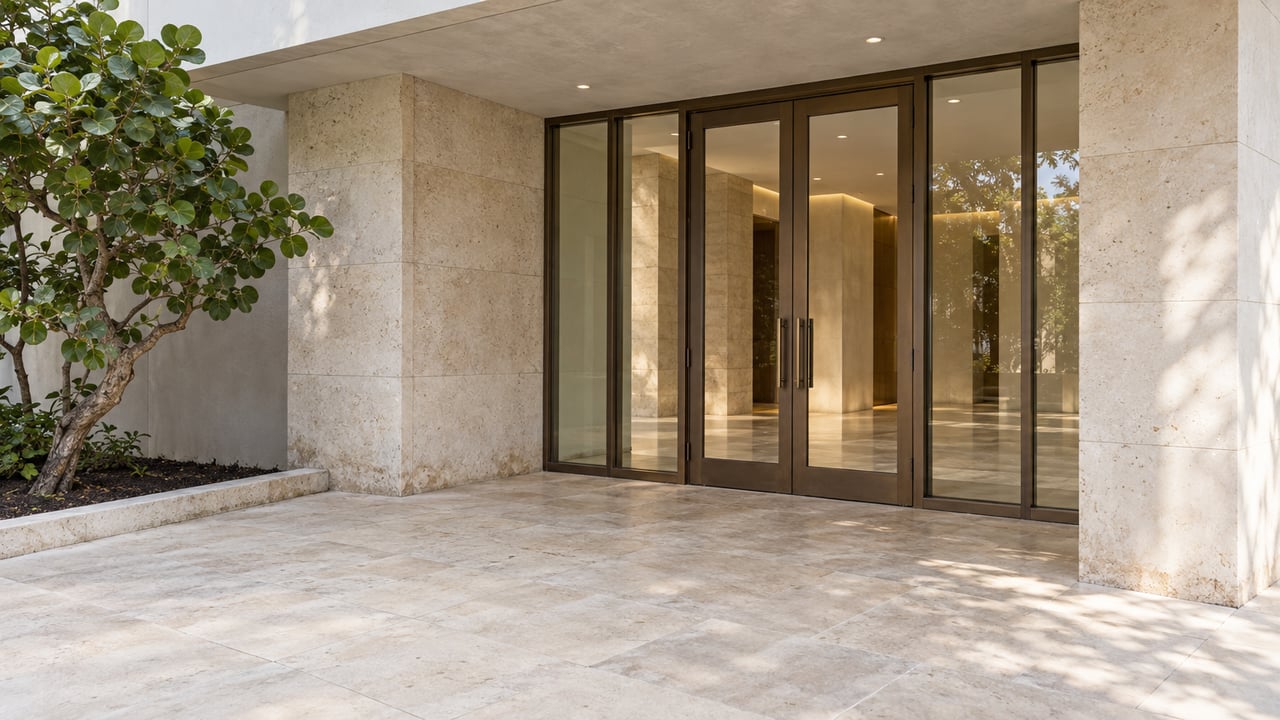 Recessed condominium lobby with bronze-framed glass doors, limestone entry bay, and a crooked-trunked tree.