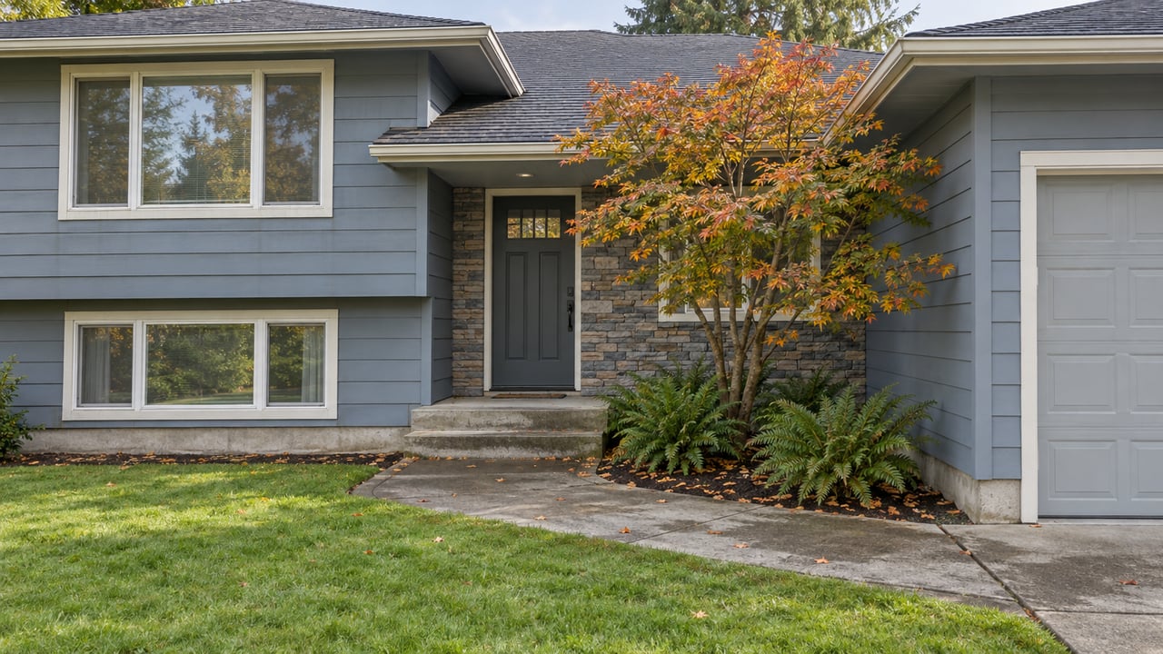 Blue-gray split-level home with a stone-faced entry, cropped garage, and amber-leaved tree.