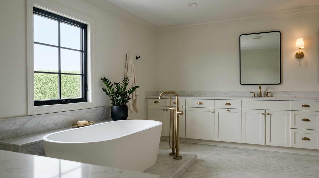 White freestanding tub beside a marble vanity, with brass fixtures, a black-framed window, and a potted plant.