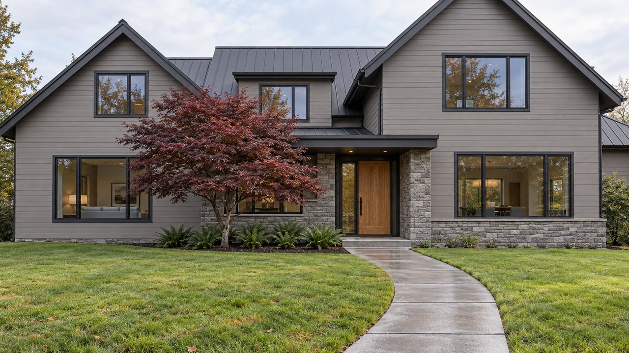 A two-story gabled home with gray wood siding, dark windows, a stone entry and a broad autumn lawn.