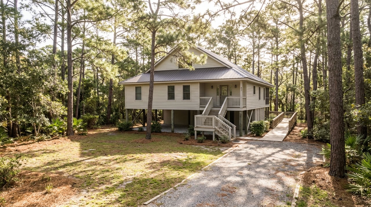 Elevated cedar-shingled coastal home on pilings, with entry stairs and a boardwalk winding into dense trees.