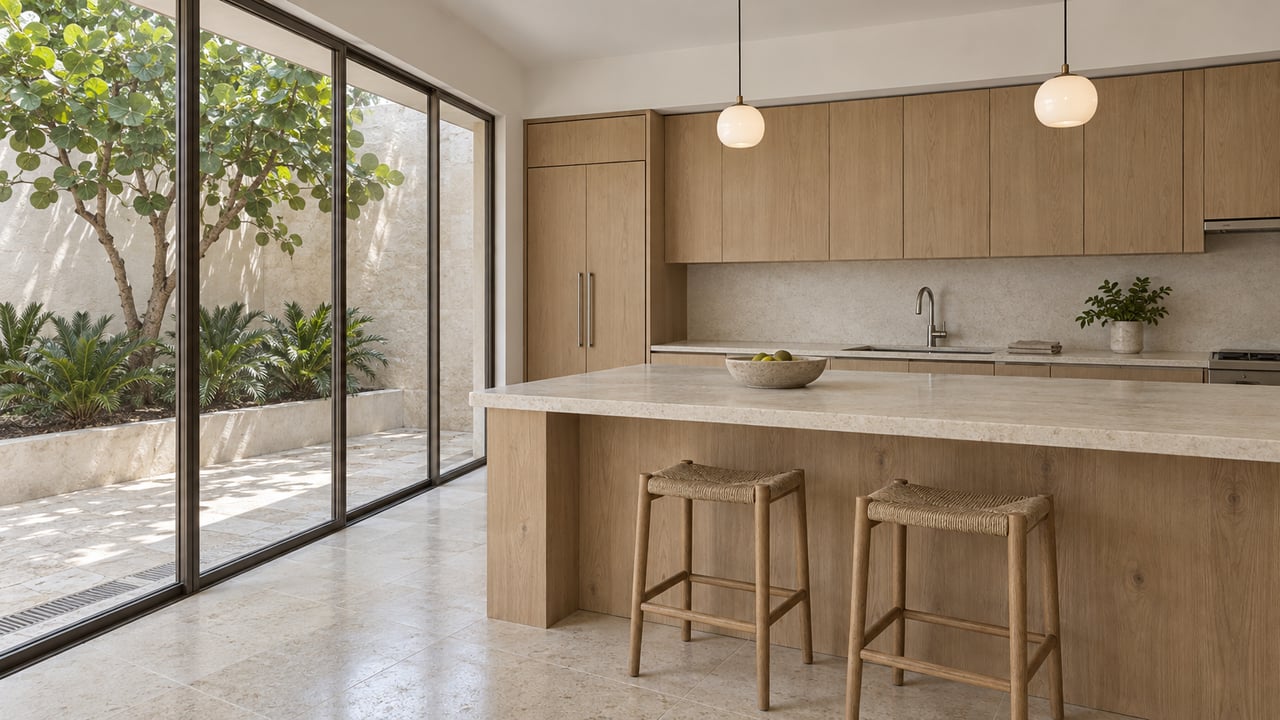 Sunlit kitchen with pale oak cabinetry, a limestone island and closed glass doors overlooking a planted courtyard.