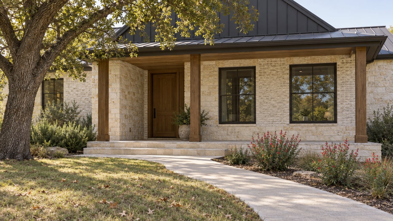 Single-story cream stone-and-brick house with a dark gabled roof, oak door, porch, and curved walkway.