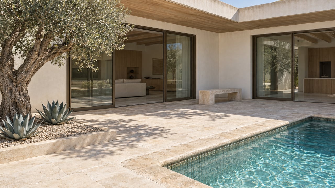 Sunlit white-plaster home with bronze-framed glass doors, a limestone terrace and pool corner, and a sculptural olive tree beside two agaves.