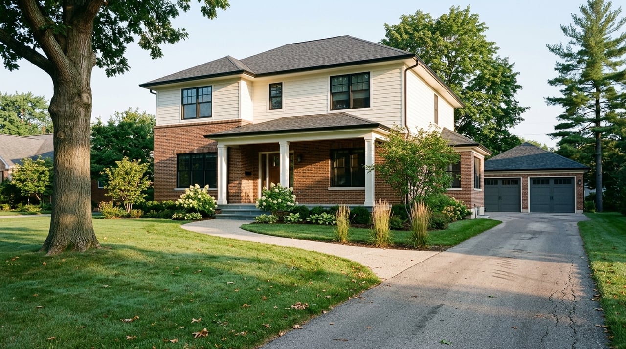 House set back on a large lot, with a driveway and mature oak tree.