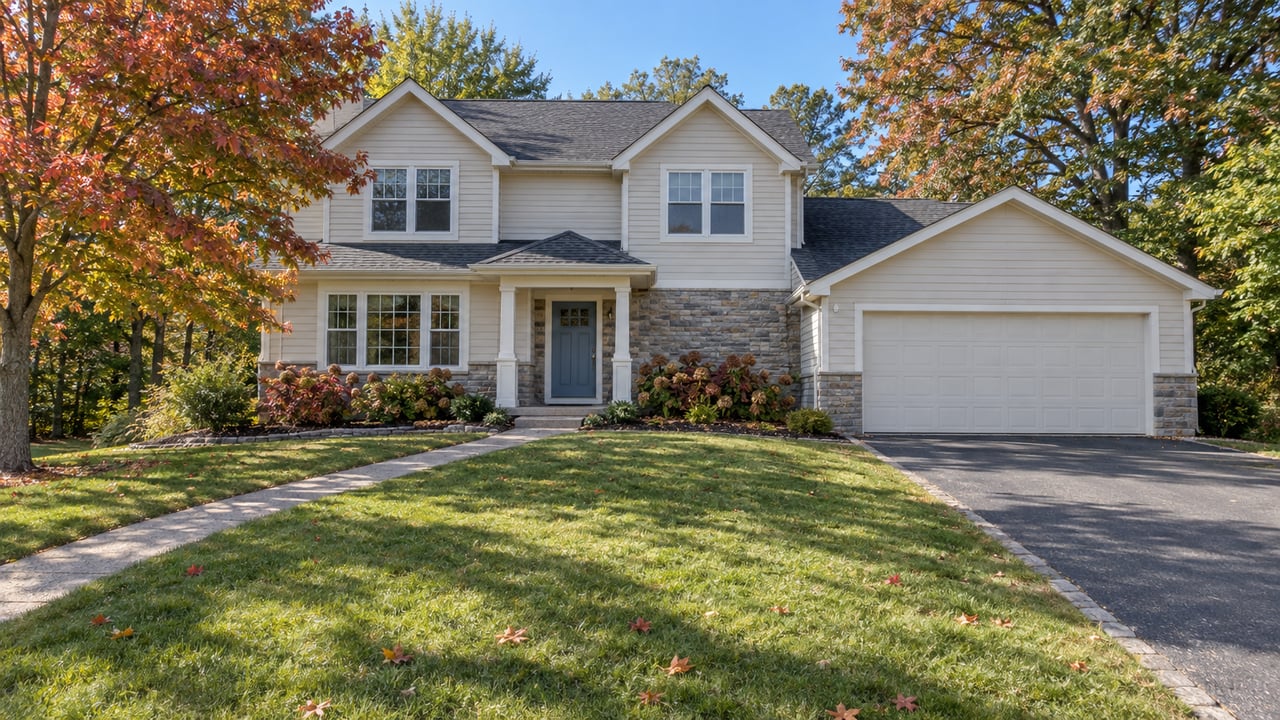 An ivory-sided gabled home with a stone base, attached garage, and deep front lawn beneath autumn maple and oak trees.