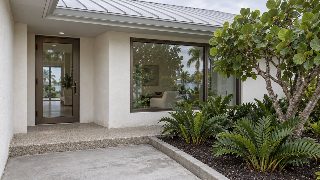 A recessed glazed entrance and bronze-framed window in a pale stucco home, with shell-aggregate porch and sculptural sea-grape planting.