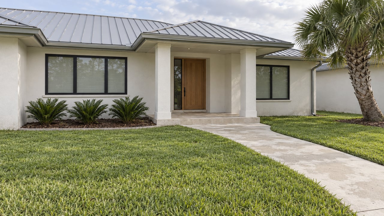A light stucco home with a silver metal roof, sheltered oak entry, broad front lawn, and a single sculptural palm after rain.