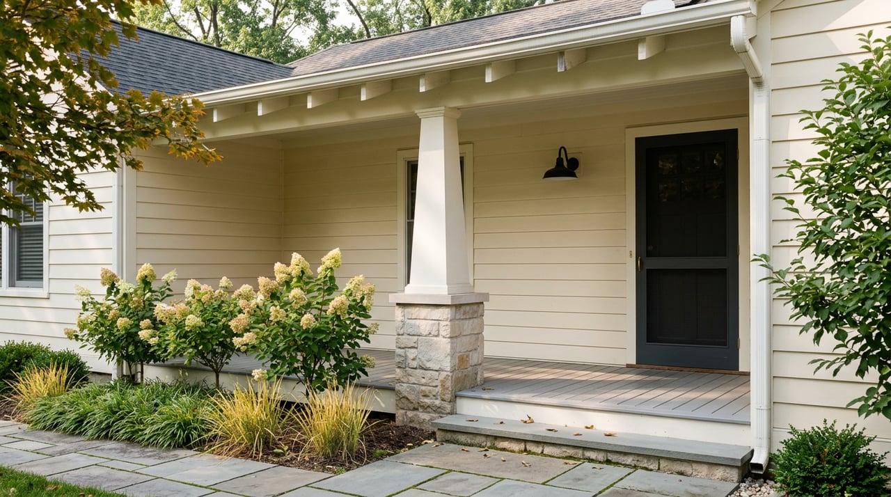 Cream lap siding and a white porch column on a limestone pier, framed by late-summer flowers and foliage.