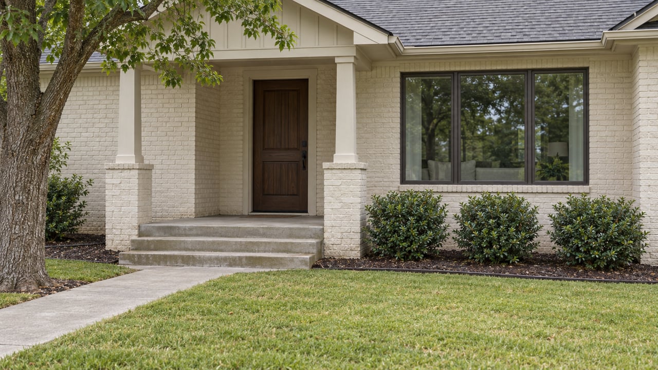 Ivory brick home's covered entry and bronze-framed window above concrete steps, with an established lawn and oak at the edge.