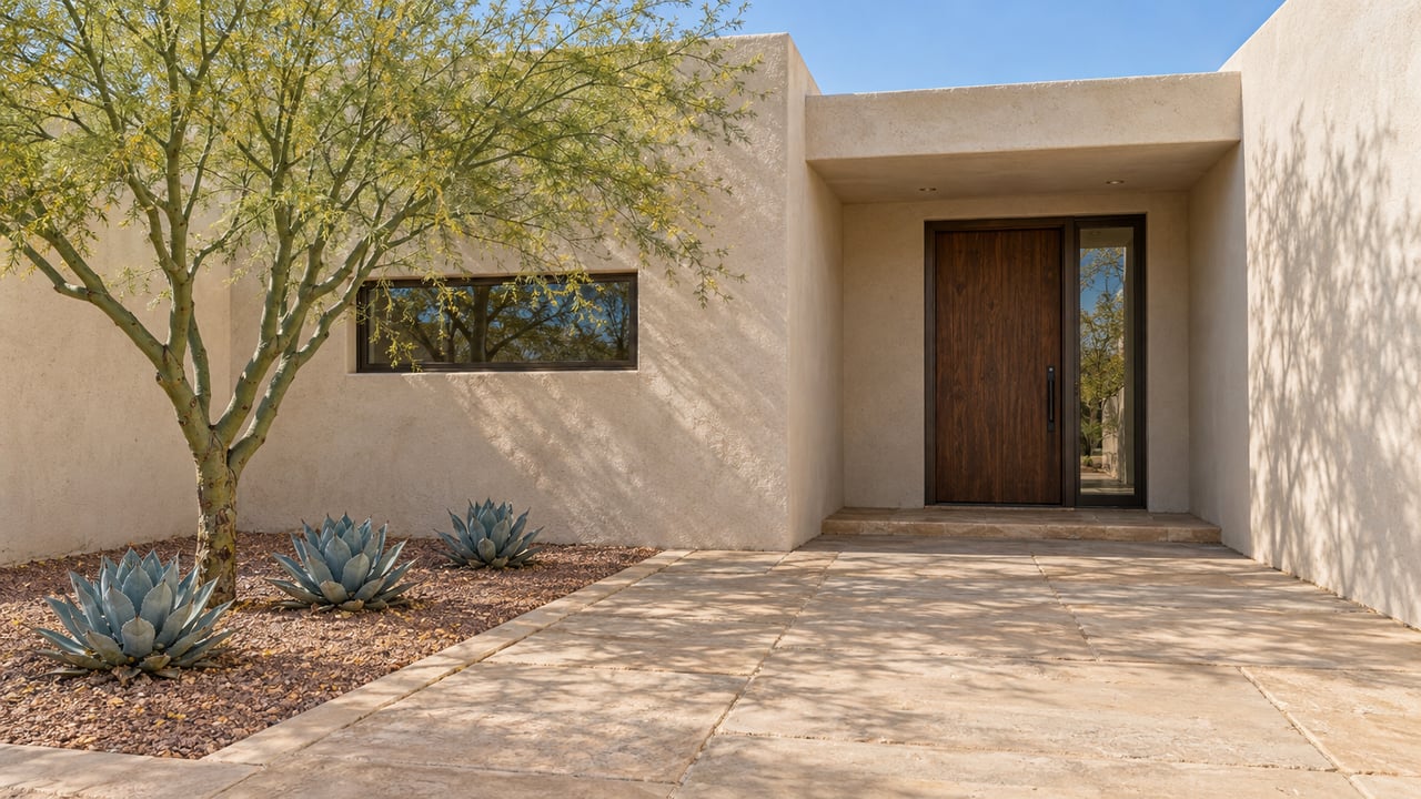 Cream stucco home with a recessed mesquite entry door, sandstone courtyard, a green-trunked blue palo verde and three blue-gray agaves.