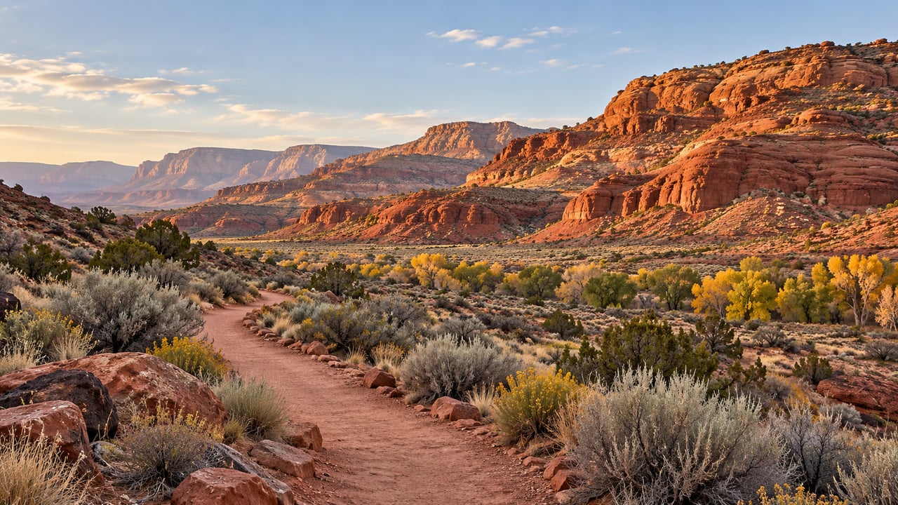 Desert trail winding among red sandstone formations, scrub, and yellow autumn foliage.