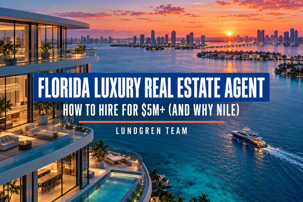 Florida luxury real estate agent article graphic over a waterfront residence and city skyline at sunset.