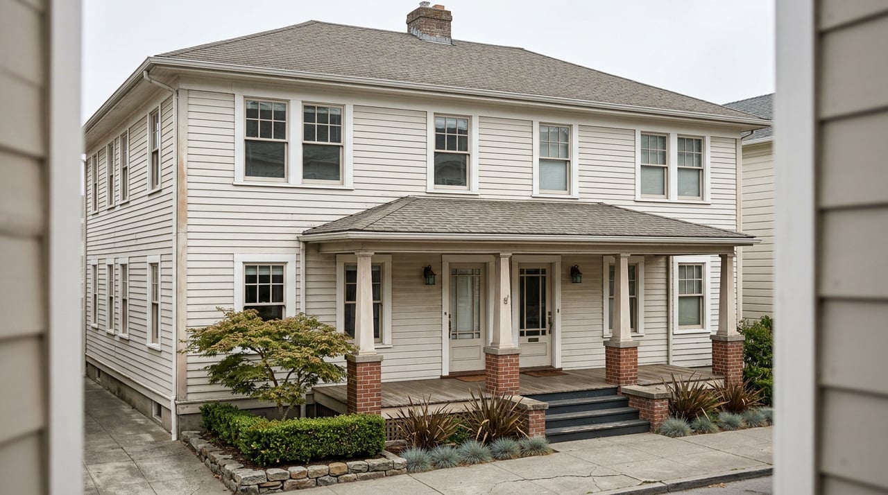 Symmetrical two-story wood duplex with twin front doors, a covered porch, and a Japanese maple at the corner.