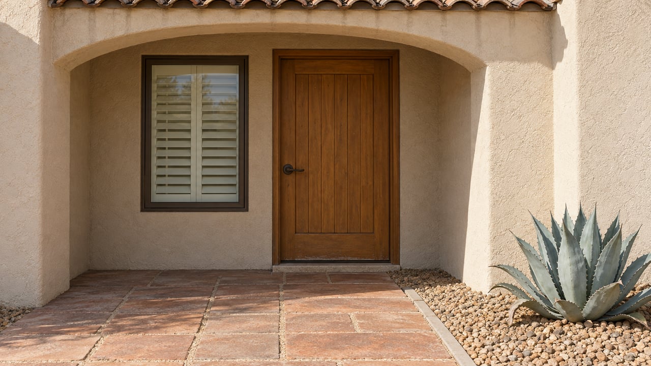 Ivory stucco home entrance with a recessed wood door, clay roof tiles, terracotta pavers and a blue-gray agave.