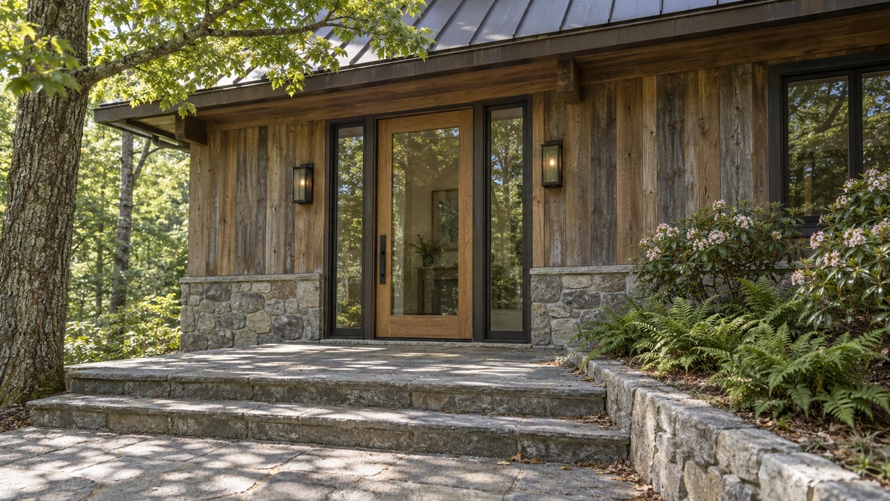 Woodland home with a glazed oak entry door, stone steps, and shade planting beneath an oak canopy.